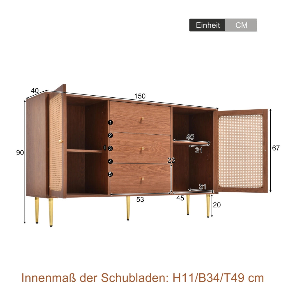 Comò con 3 cassetti e 2 ante; colore noce; 150x40x90 cm; in MDF; truciolare e metallo