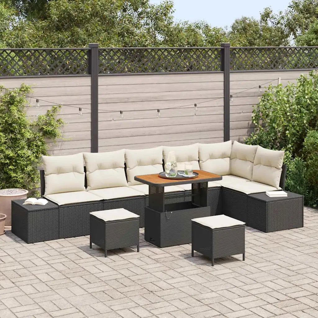 Set Divano da Giardino con cuscino 9 pcs Nero Poly Rattan