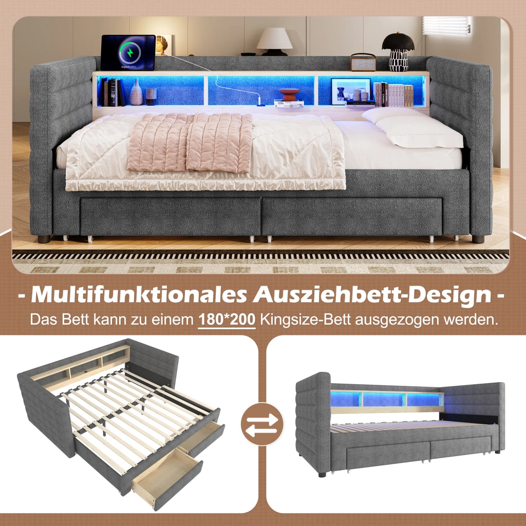 LETTO estraibile 90x190 cm in velluto grigio con LED, 2 cassetti e USB/Type-C