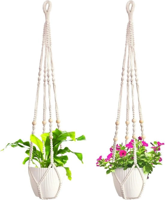 Due pezzi di decorazioni per piante in macramé boho con perle di legno - 80 cm