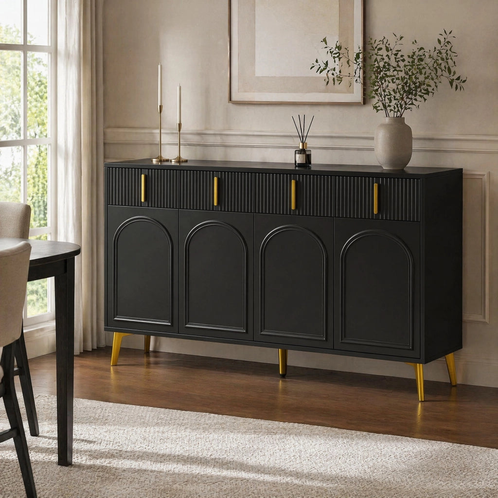 MADIA 140x38x82 cm 4 ante 4 cassetti MDF nero con dettagli oro