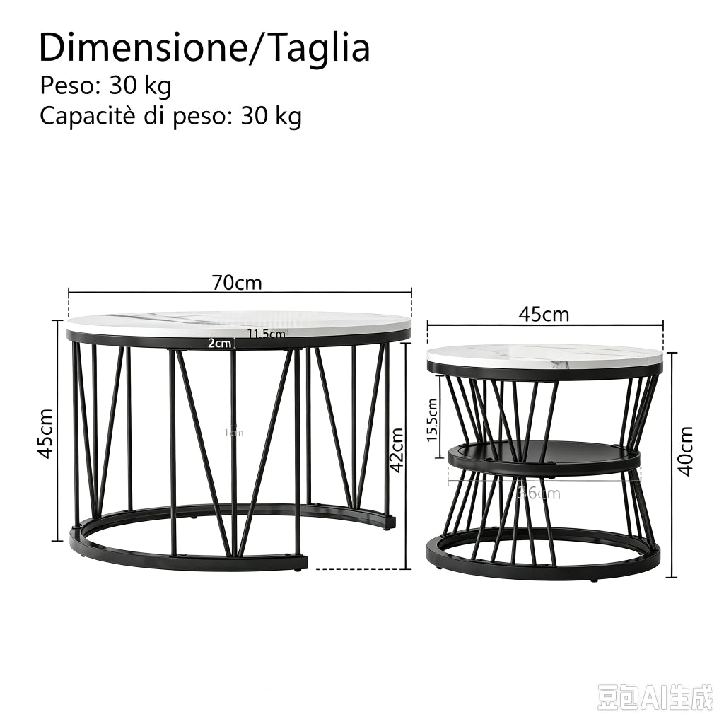 Tavolino da salotto rotondo 70x70x45 cm set 2 pezzi sovrapponibile  tavolino salotto moderno con struttura in metallo-nero
