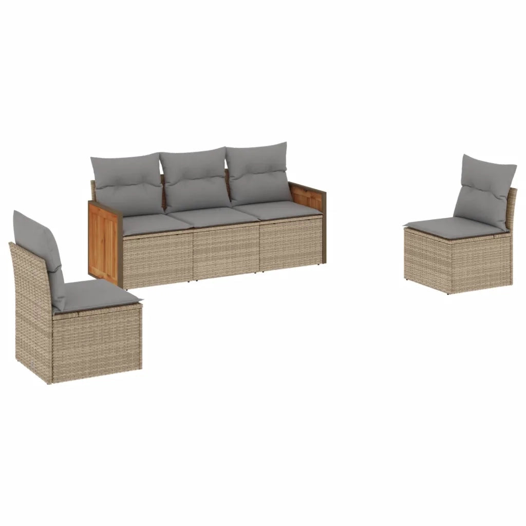 Set Divano da Giardino 5 pz con Cuscini Beige in Polyrattan