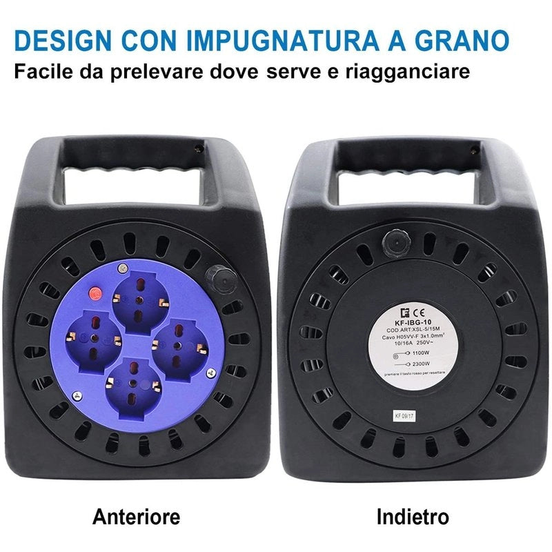 Avvolgicavo Elettrico Prolunga Elettrica 15 Metri 4 Prese Polivalenti Schuko + 10A/16A Spina 16A