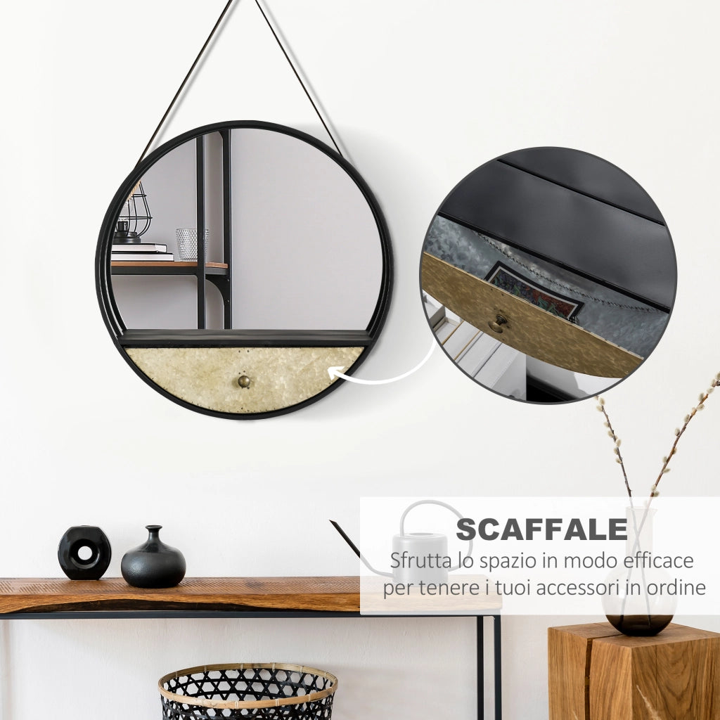 Specchio Decorativo Rotondo con Cornice e Cassetto ¨C Zephmum ¨C Nero Metallo MDF ?61cm