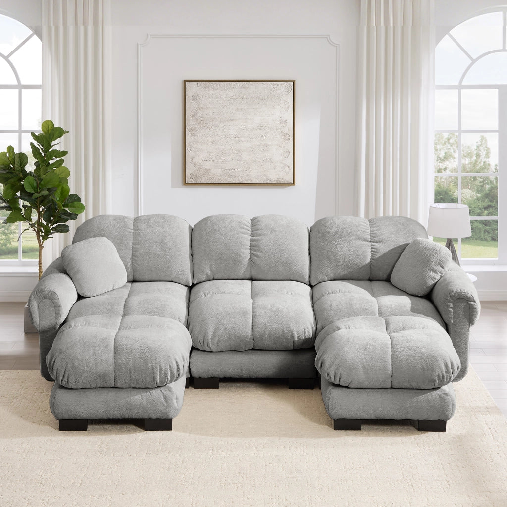 Divano panoramico a U 3 posti con pouf mobile e 2 cuscini, Chenille, Grigio chiaro