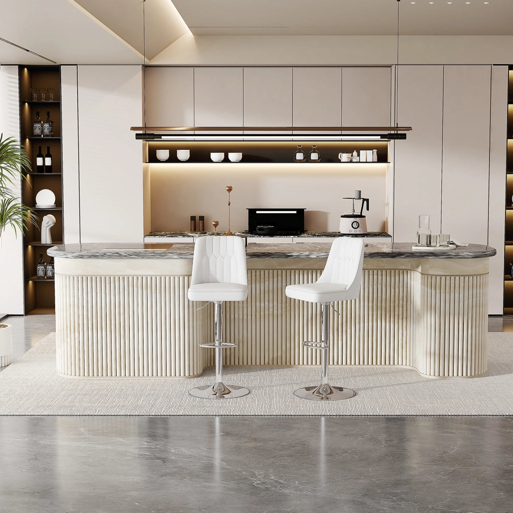 Sgabello da bar regolabile in altezza, set da 2, girevole 360°, in PU bianco e metallo argento, per isola cucina e bancone