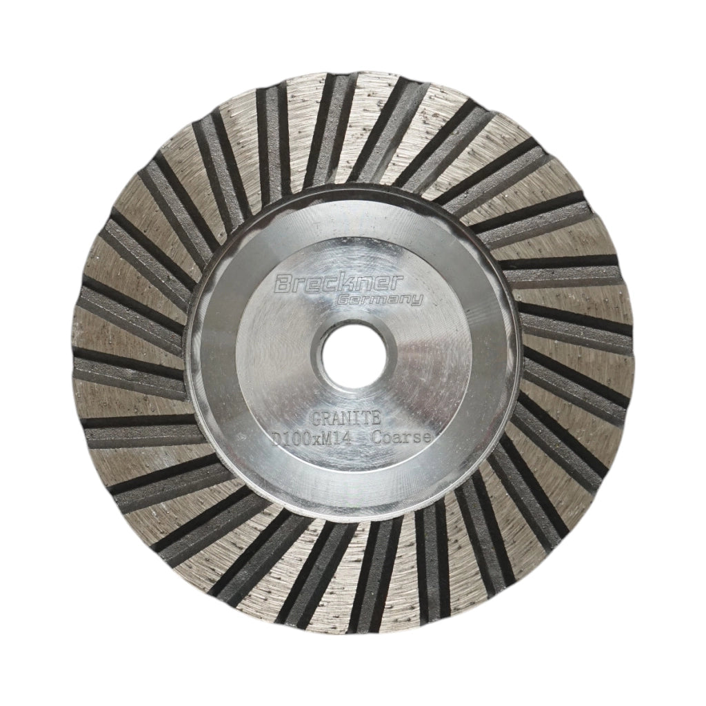 Disco diamantato a tazza segmentata turbo da 100 mm, filettatura M14, alluminio grezzo per la levigatura del granito Breckner Germany
