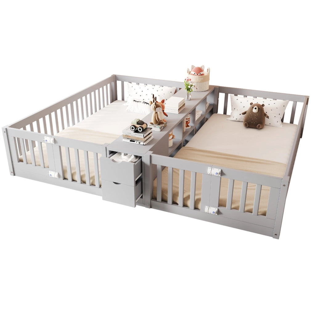 Letto doppio per bambini 90x200 cm con scaffale e 2 cassetti; in legno grigio