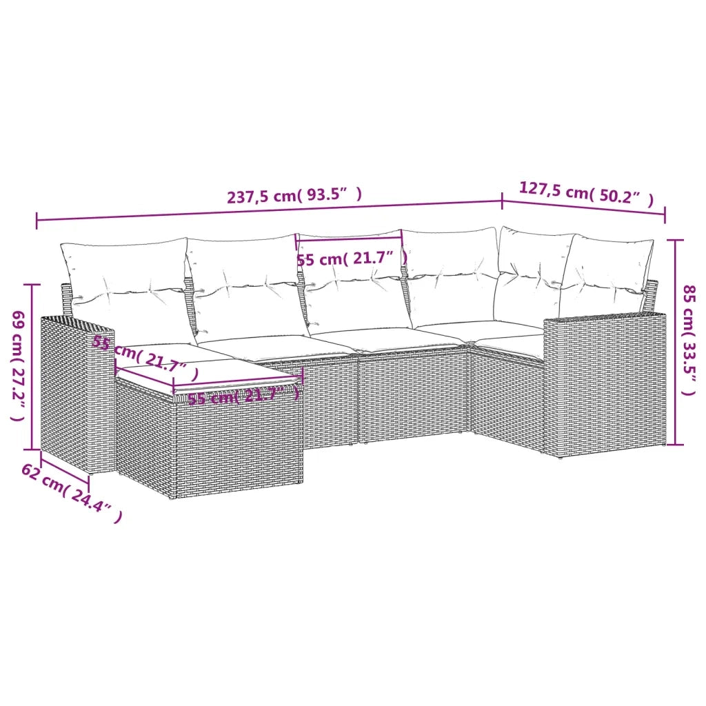 Set Divano da Giardino 6 pz con Cuscini Nero in Polyrattan