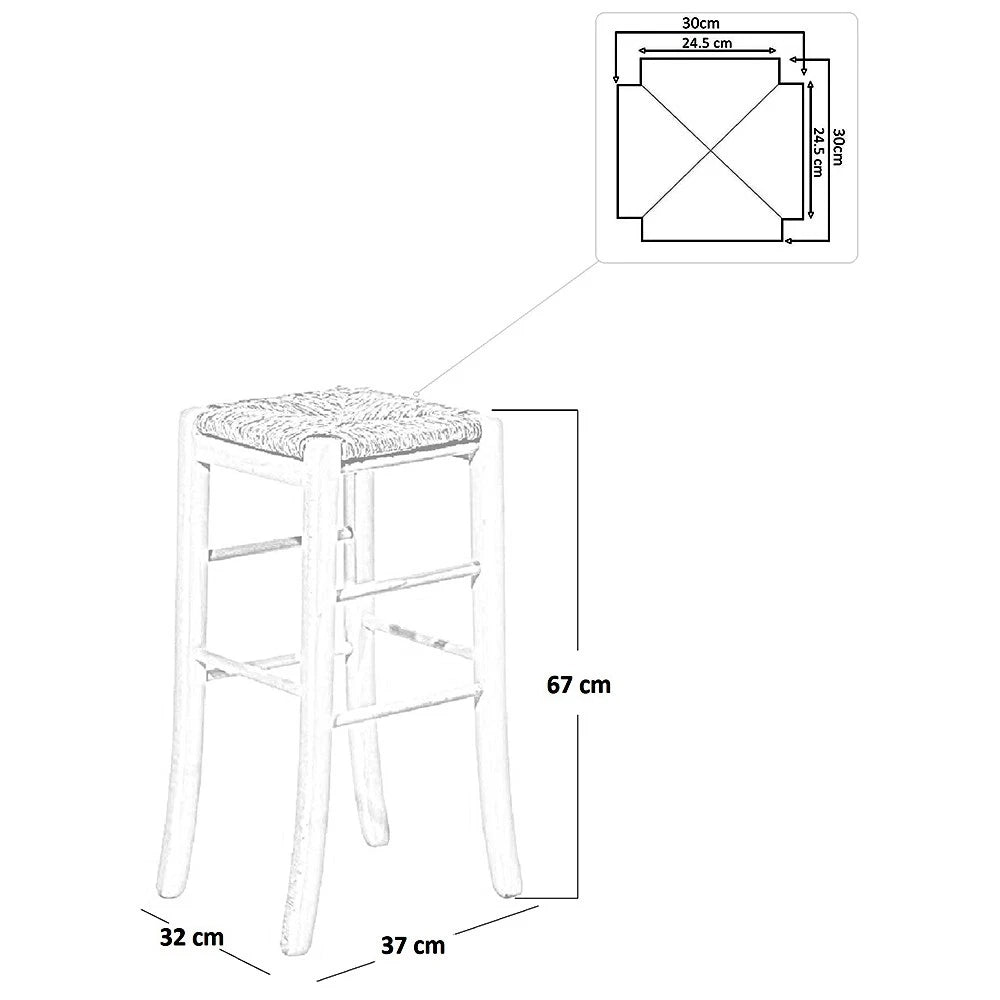 Sgabello h 67 cm in legno noce scuro seduta quadrata in paglia gambe a sciabola