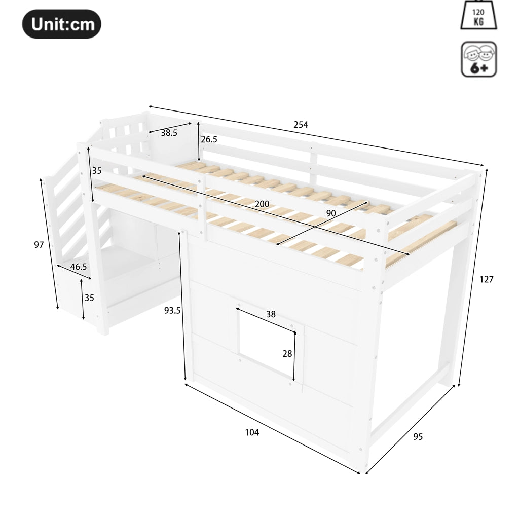 Letto a Soppalco con Scala Contenitore e Finestra ¨C MINIMAL ¨C Bianco 90x200