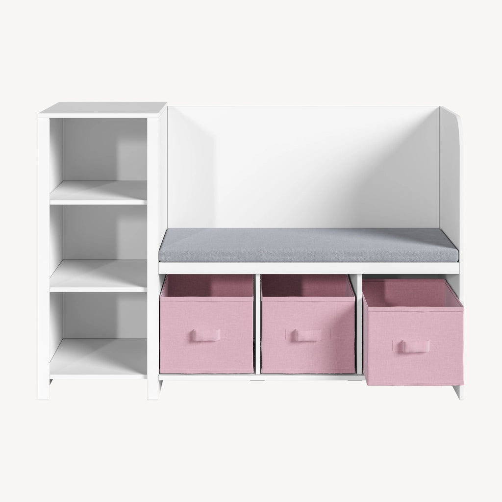 Scaffale per Cameretta Høylandet con Panca Scomparti e Scatole 76 x 112 x 40 cm - Bianco / Rosa [en.casa]