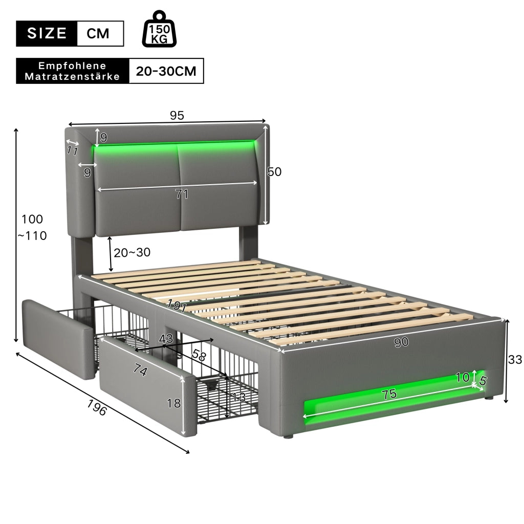 LETTO Imbottito 90x190 cm PU Grigio con USB, LED e 4 cassetti