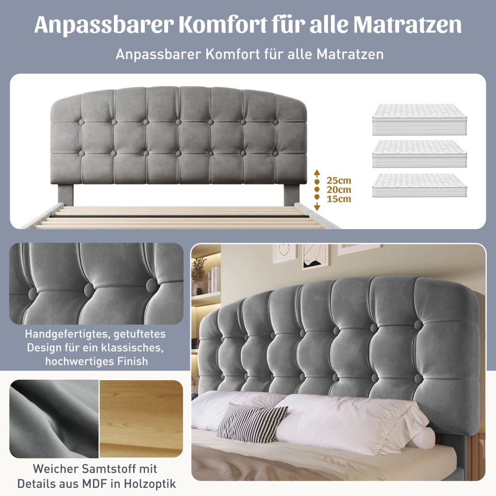 DESMIU Letto imbottito 140 × 190 cm 2 posti con testiera regolabile, vani e cassetti, senza materasso, in velluto grigio