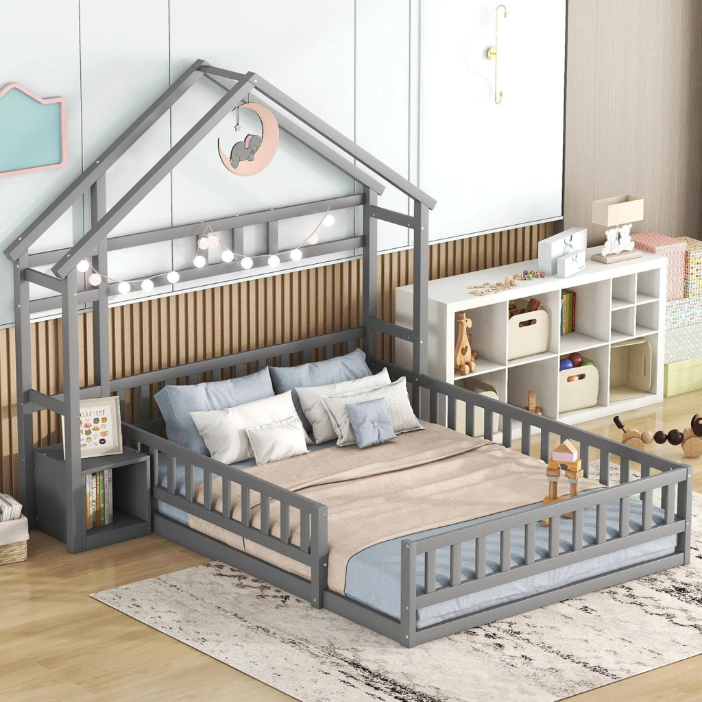 LETTO a casetta 140 x 200 cm con spondale, grigio, con comodino laterale