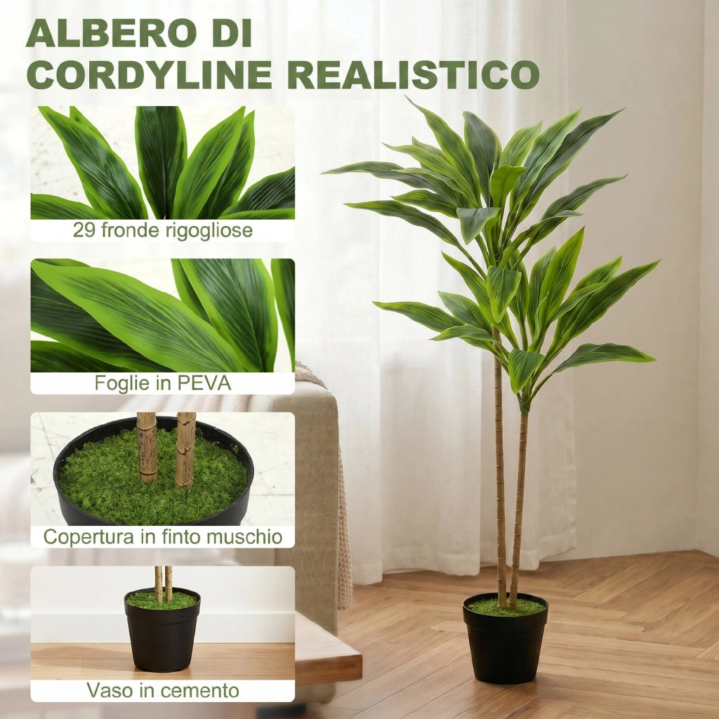 Pianta Artificiale di Cordilinea con 29 Foglie in PEVA Vaso Nero Riempito in Cemento Effetto Muschio Verde