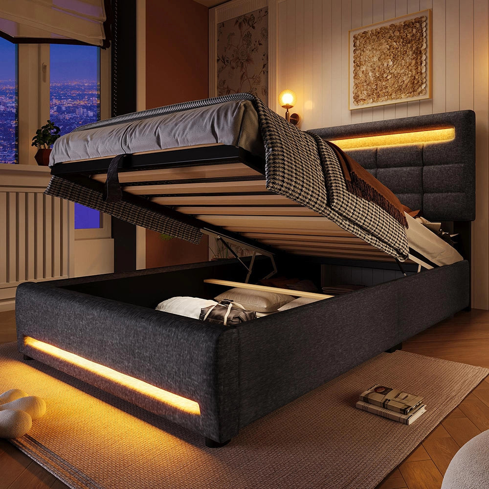 Letto imbottito - Xylo - 90x200 cm LED USB app comando grigio