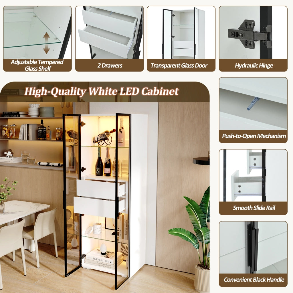 Vetrina con 1 anta; 2 cassetti; ripiani regolabili e LED per soggiorno; in MDF e vetro; bianco; 60×40×160 cm