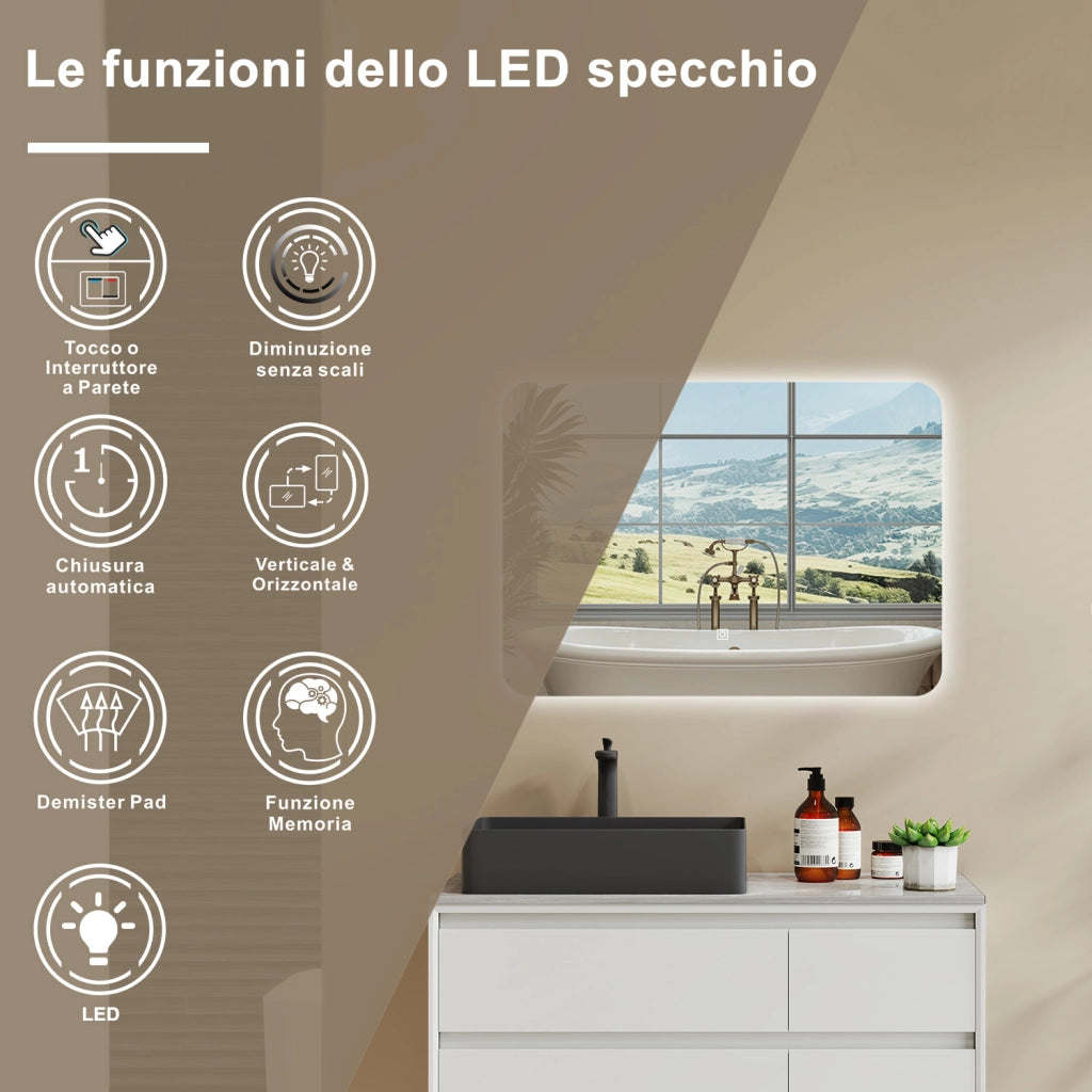 AICA 80 x 60cm Specchio da bagno con LED, Rettangolare, Touch, Memoria, Dimmerabile, Retroilluminato