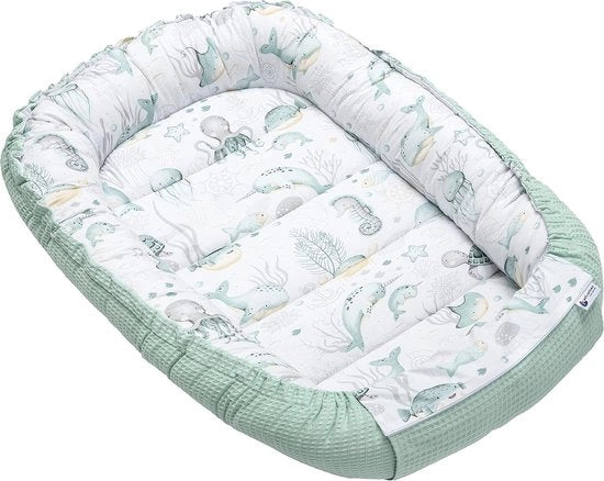 Nido per Bambini in Wafel 100% Cotonato, Recliner per Bambini e Piccoli, Dimensioni 100 x 60 x 15 cm, Chiusura Sicura (Oceano con Foglia di Menta)