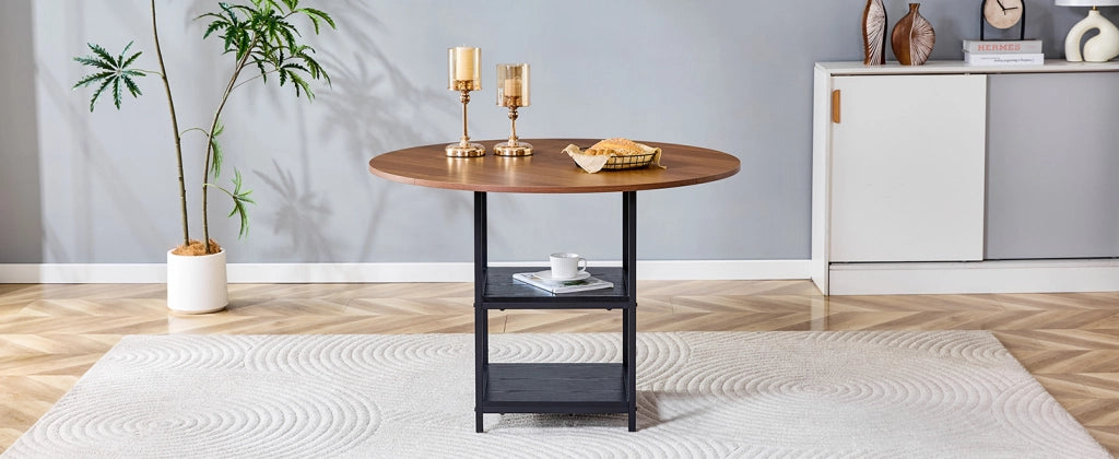 Tavolo da pranzo rotondo con diametro di 107 cm e doppio ripiano effetto noce, piano in MDF + struttura in metallo, adatto per 2-4 persone, perfetto p