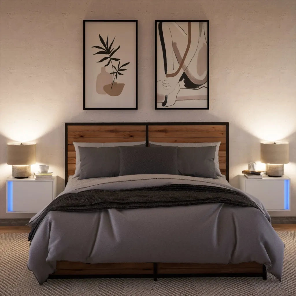 Set di 2 Comodini | Armadio da Notte | Mobiletto da notte a Parete con Luci LED Bianchi