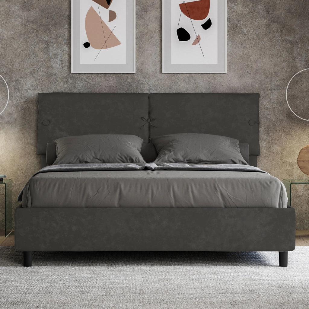 BS COM Letto matrimoniale con rete imbottito 160x200 microfibra grigio
