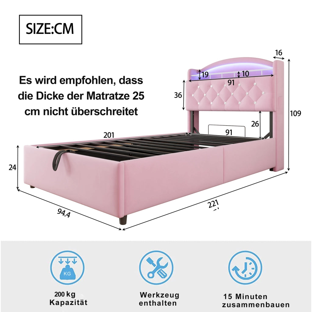 LETTO Imbottito per bambini 90x200 cm Rosa con LED e porte USB
