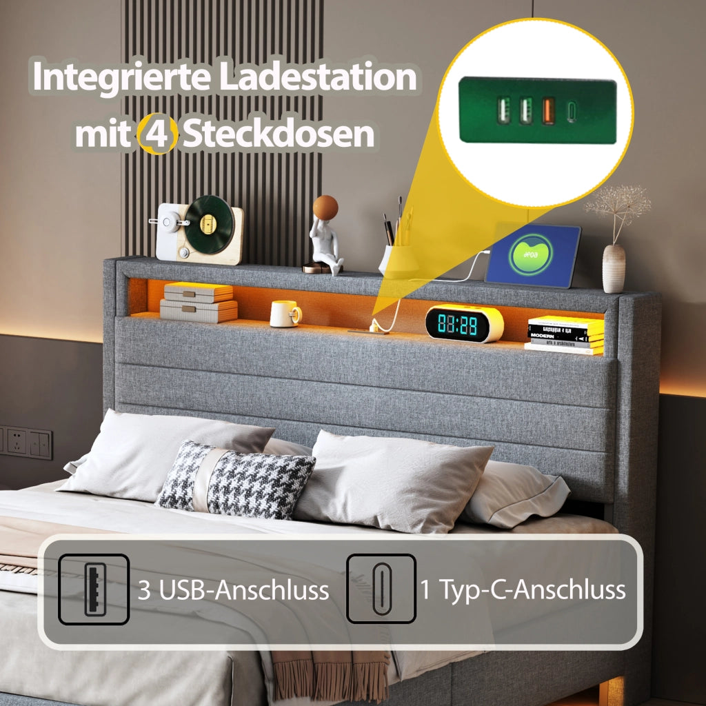 Letto matrimoniale imbottito fluttuante con contenitore idraulico; LED e porta USB; testiera girevole; lino grigio; 140x200 cm; senza materasso