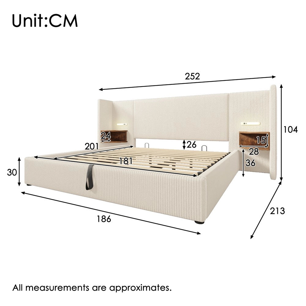 Letto Imbottito Matrimoniale Contenitore ¨C MINIMAL ¨C Cordone Beige/Bianco, Doghe Massello, 180x200