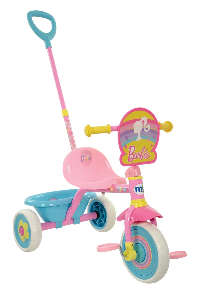 Triciclo a Pedali Primi Passi per Bambini con Maniglione Genitoriale Rimovibile e Vano Contenitore Barbie Rosa