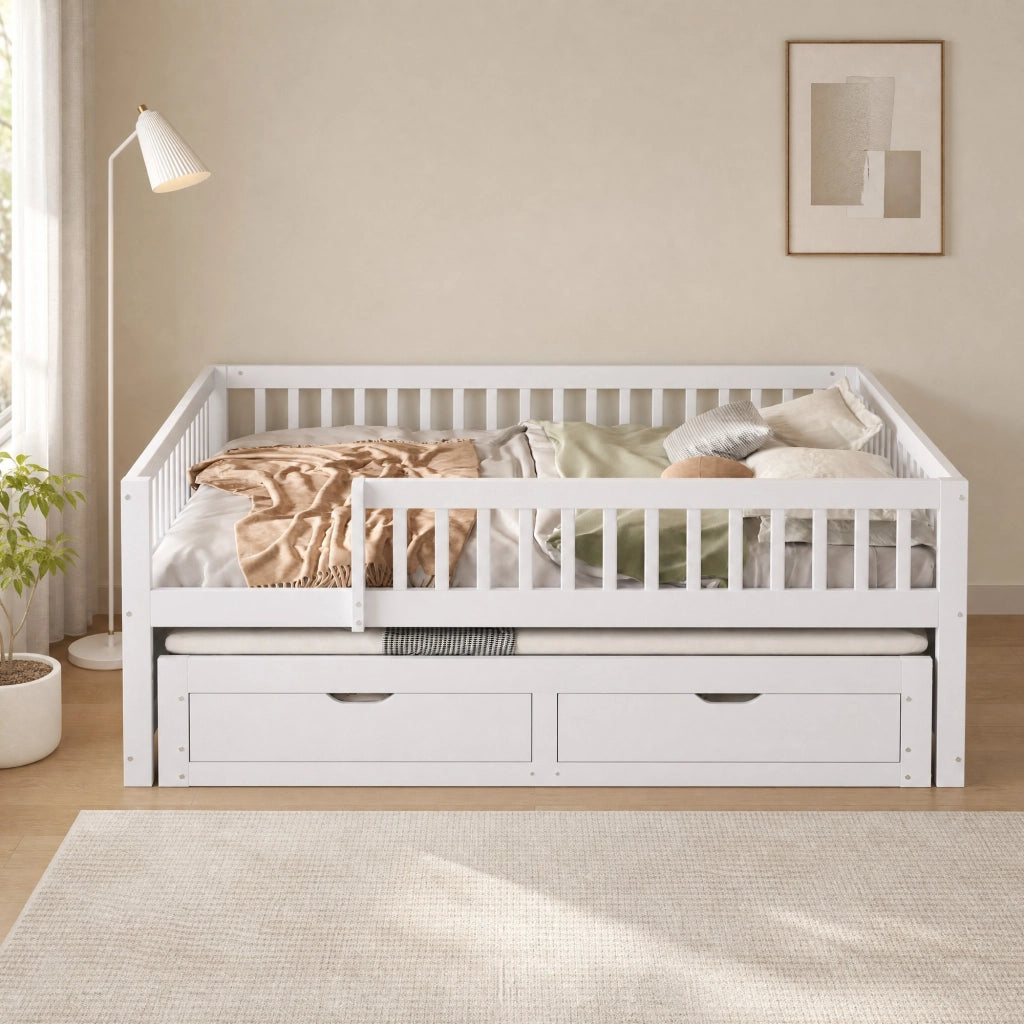 DESMIU Letto 140 × 200 cm con letto estraibile, 2 cassetti, senza materasso, in legno, bianco