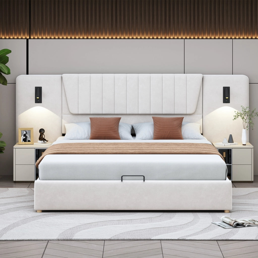 Letto imbottito 180x200cm - Zephmum - Schienale lungo, lampada regolabile, USB, idraulico, velluto, beige