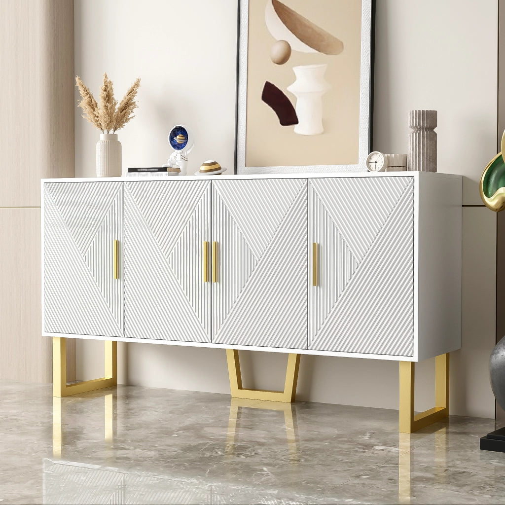 OKWISH Madia con 4 Ante e Ripiani Regolabili, Frontali Lucidi con Texture, per Soggiorno, MDF, Bianco, 150 x 40 x 82 cm