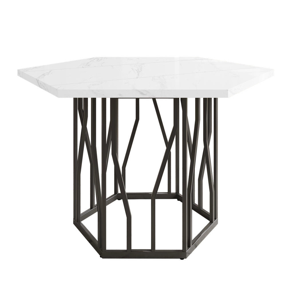 Tavolo da pranzo moderno esagonale con piano effetto marmo e base in metallo nero