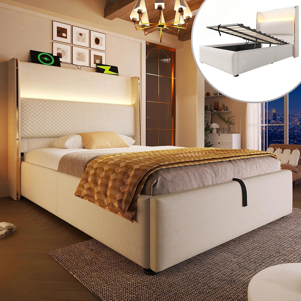 Letto 90x200cm?- Xylo - idraulico LED USB lino beige