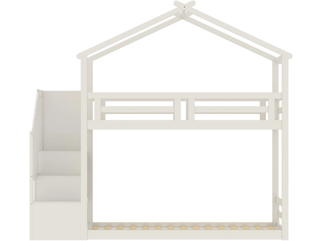 Letto a castello a forma di capanna con scaletta in legno "Oriana" - 90 x 190 cm - Beige
