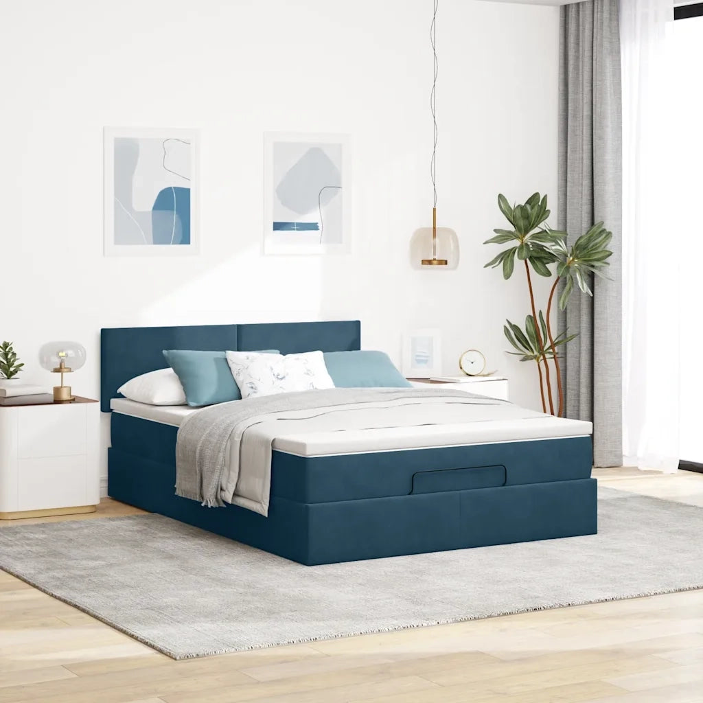 Struttura Letto Pouf con Materasso Blu 140x200cm in Velluto 3311709