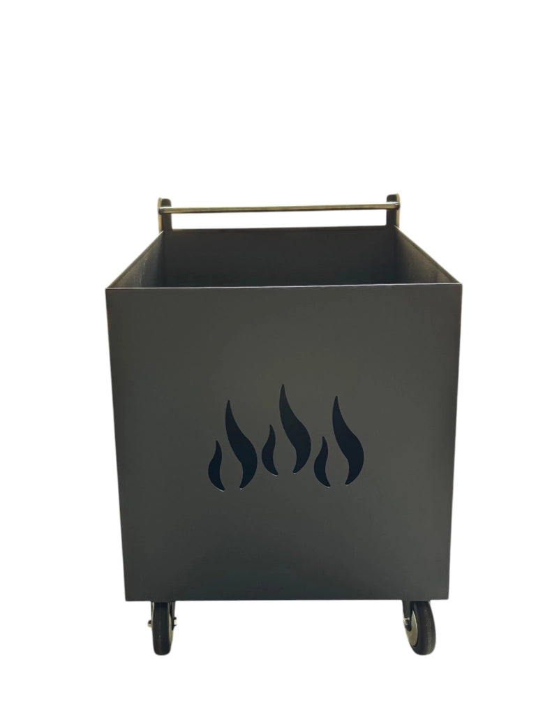Porta Legna con Ruote, Porta Pellet, in Ferro Battuto, Grigio antracite, 52x47x80h cm, Motivo Fiamma, Per Camino e Stufe
