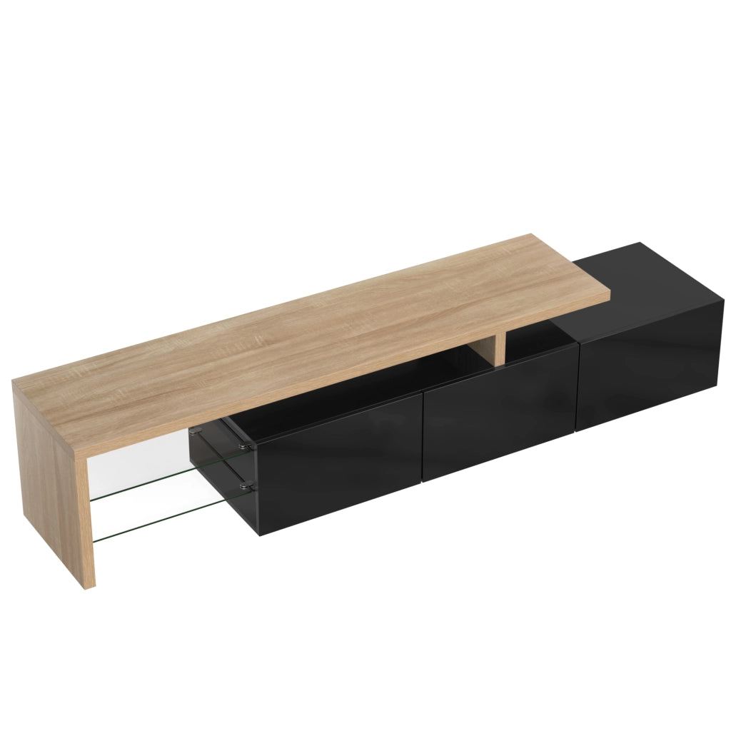 Mobile TV con 3 ante, ripiani in vetro e LED per soggiorno, in MDF e vetro, nero e legno, 197.5 × 39 × 42 cm