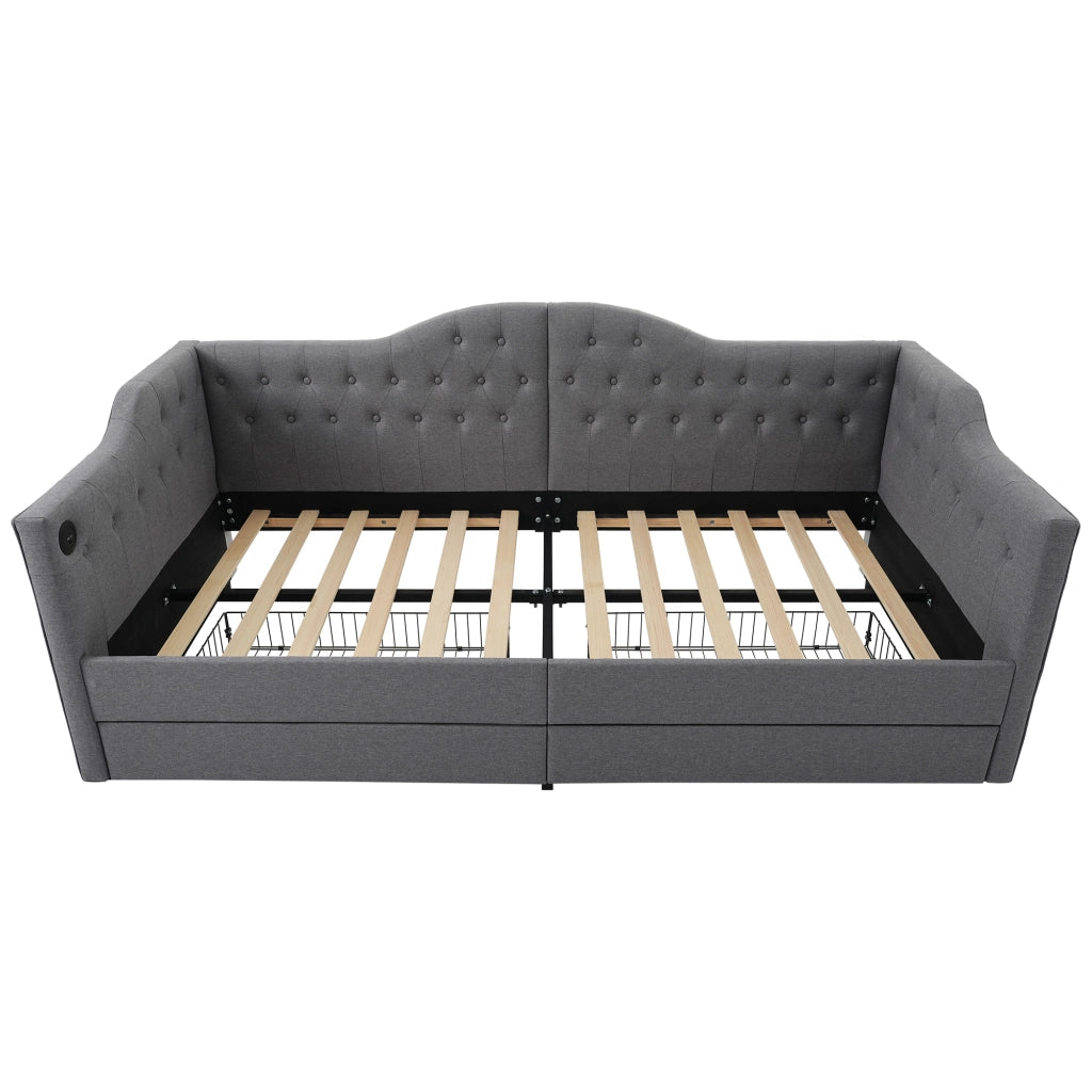 Letto a giorno imbottito con testiera trapuntata; 2 cassetti; porta USB/Tipo-C e tasche laterali; lino grigio; 90x200 cm; senza materasso