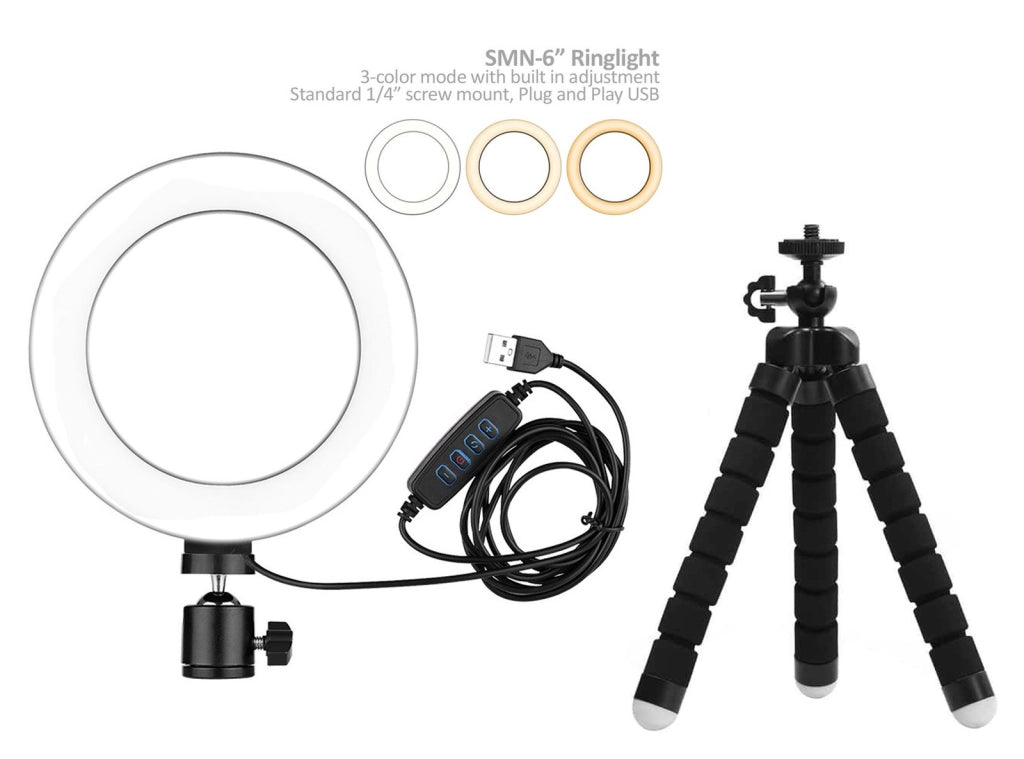LED Ring light 15 cm diametro SMN-6 3 Colori Dimmerabile con Mini Tripod Flessibile da Scrivania compatto portatile