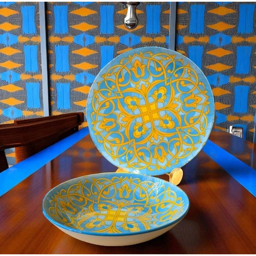 Servizio di Piatti da Tavola in Ceramica Tipo Vietri Giallo e Turchese 12 Pezzi