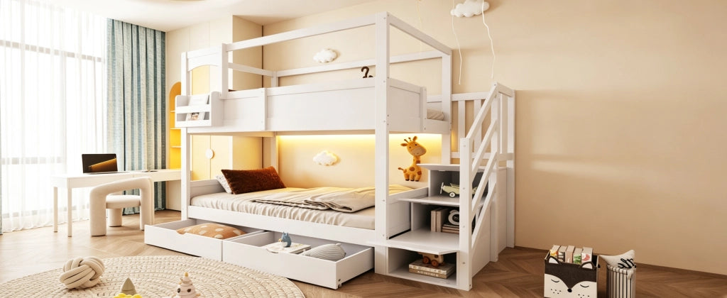 Letto a castello per bambini 90 × 200 cm con lavagna, scala contenitore e 2 cassetti, senza materasso, bianco