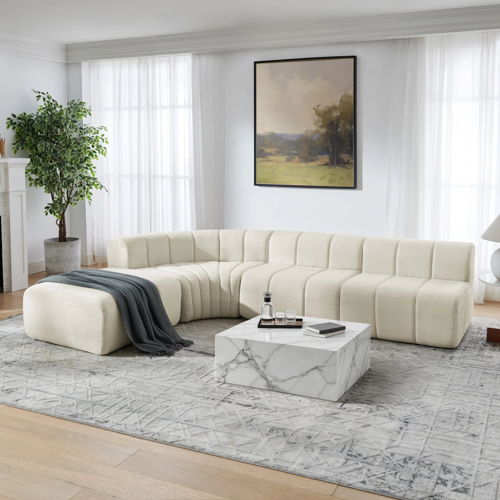 Divano angolare modulare a 4 posti in chenille beige con moduli combinabili e seduta versatile