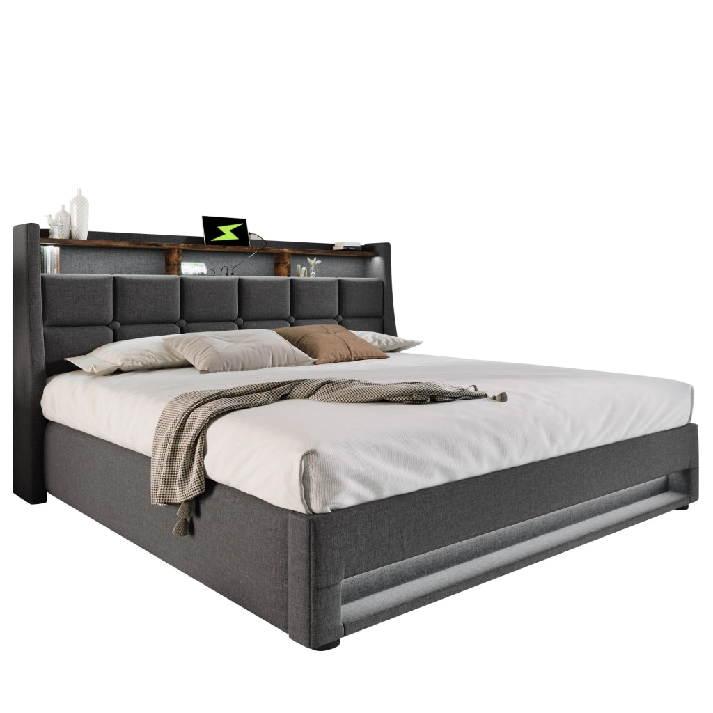 Letto matrimoniale contenitore 140×200 cm con LED; USB; testiera imbottita e materasso incluso; grigio