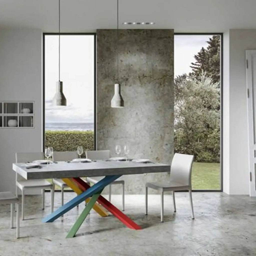 Tavolo allungabile 120/380x90 cm Volantis colore cemento gambe multicolore 4/B