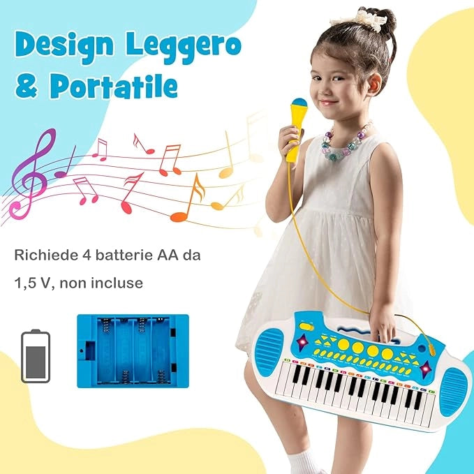Pianoforte Digitale per Bambini 31 Tasti, Tastiera Elettronica Portatile, con Microfono e Luci, Funzionamento Registrazione e Playback, 3+ Anni, 45x23x45 cm (Blu)