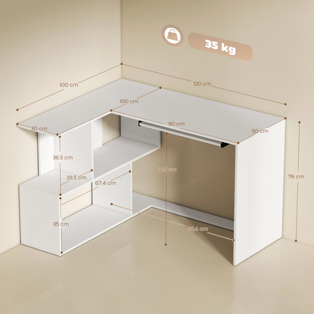 Scrivania Angolare Moderna ¨C Xylo ¨C Bianco con Ripiano Tastiera e Scaffale 4 Ripiani
